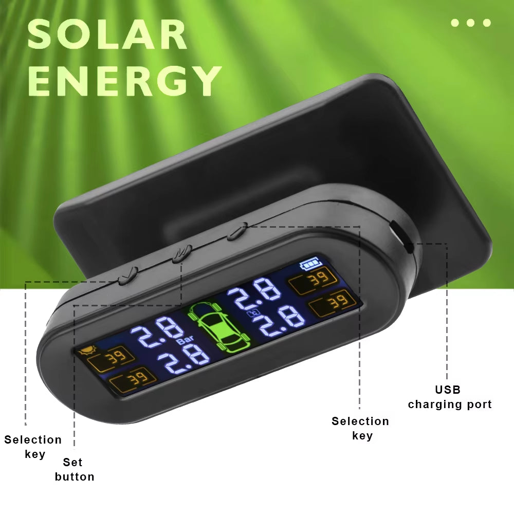 Solar TPMS Car Tire Pressure Monitor with 4 External Sensors – Temperature Warning & Fuel Saving