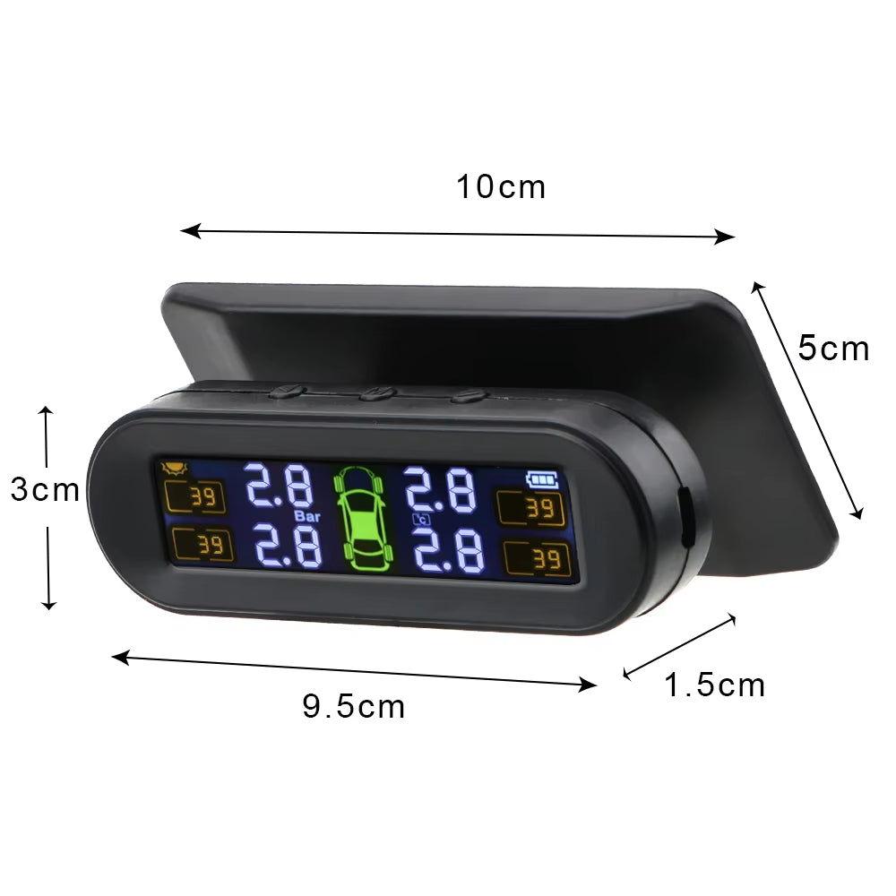 Solar TPMS Car Tire Pressure Monitor with 4 External Sensors – Temperature Warning & Fuel Saving