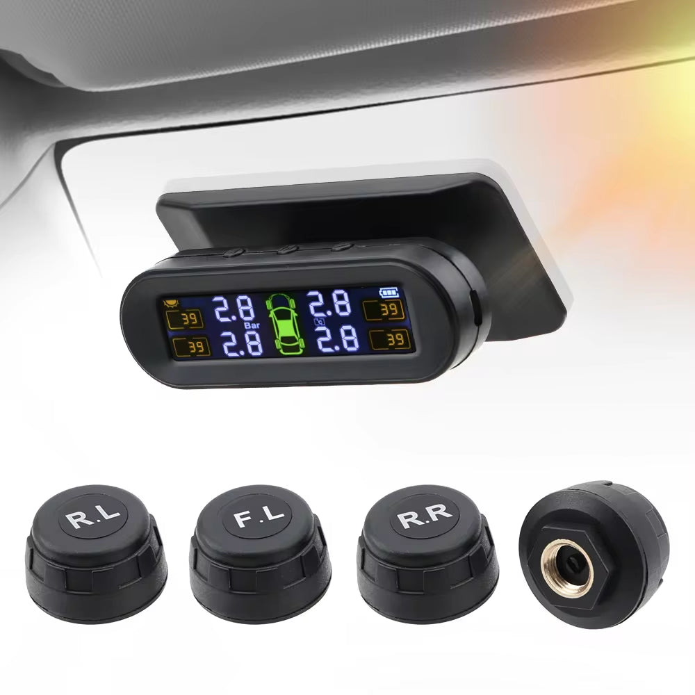 Solar TPMS Car Tire Pressure Monitor with 4 External Sensors – Temperature Warning & Fuel Saving