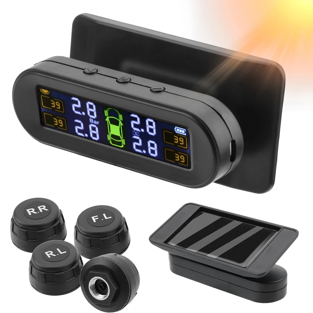 Solar TPMS Car Tire Pressure Monitor with 4 External Sensors – Temperature Warning & Fuel Saving